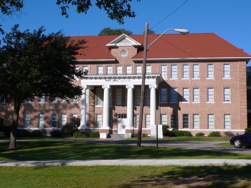 Huff Hall on the Pearl River Community College campus in Poplarville, a red-brick building with white columns.